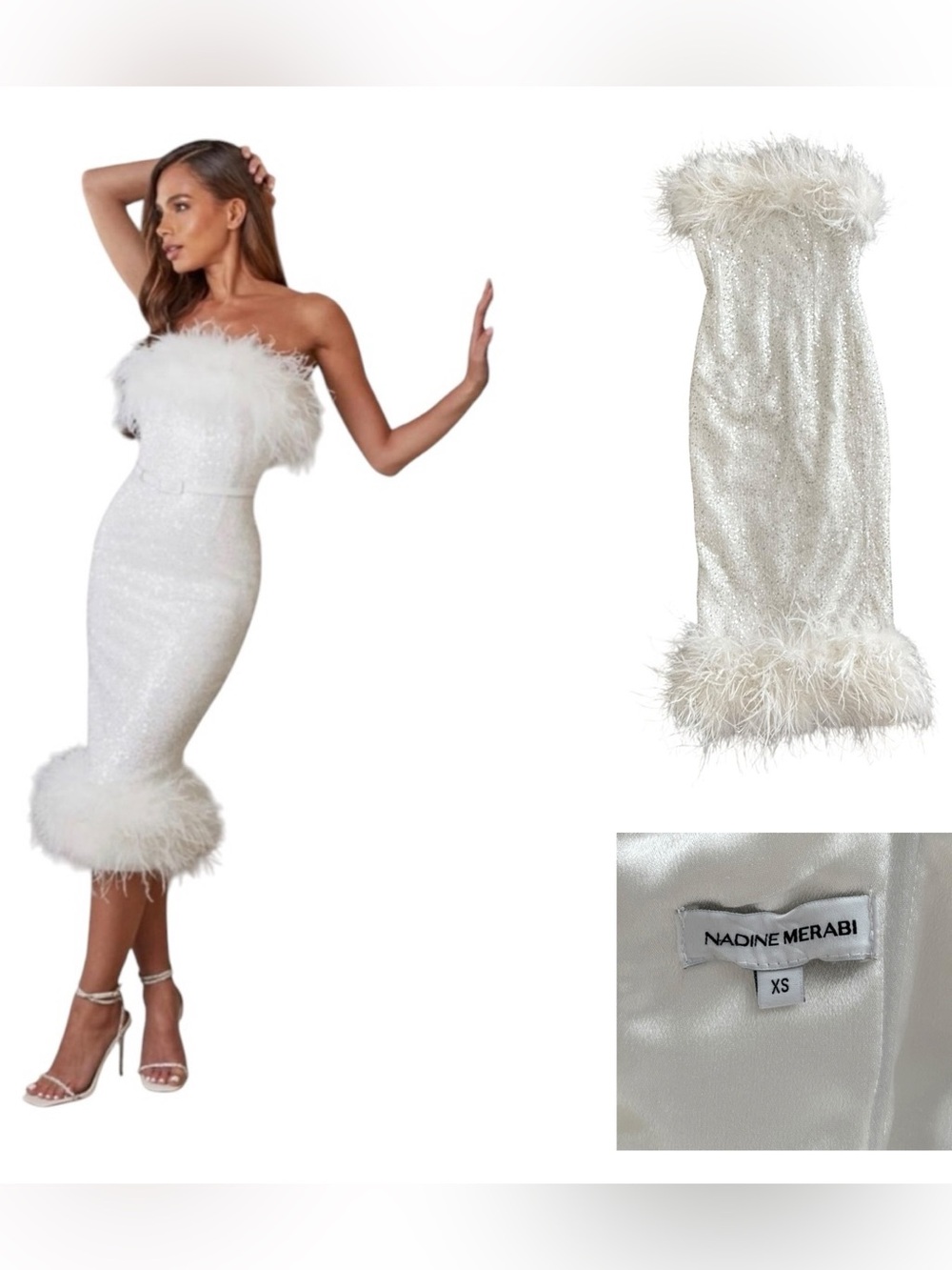 Nadine Merabi Kate Sequin Feather Strapless Dress